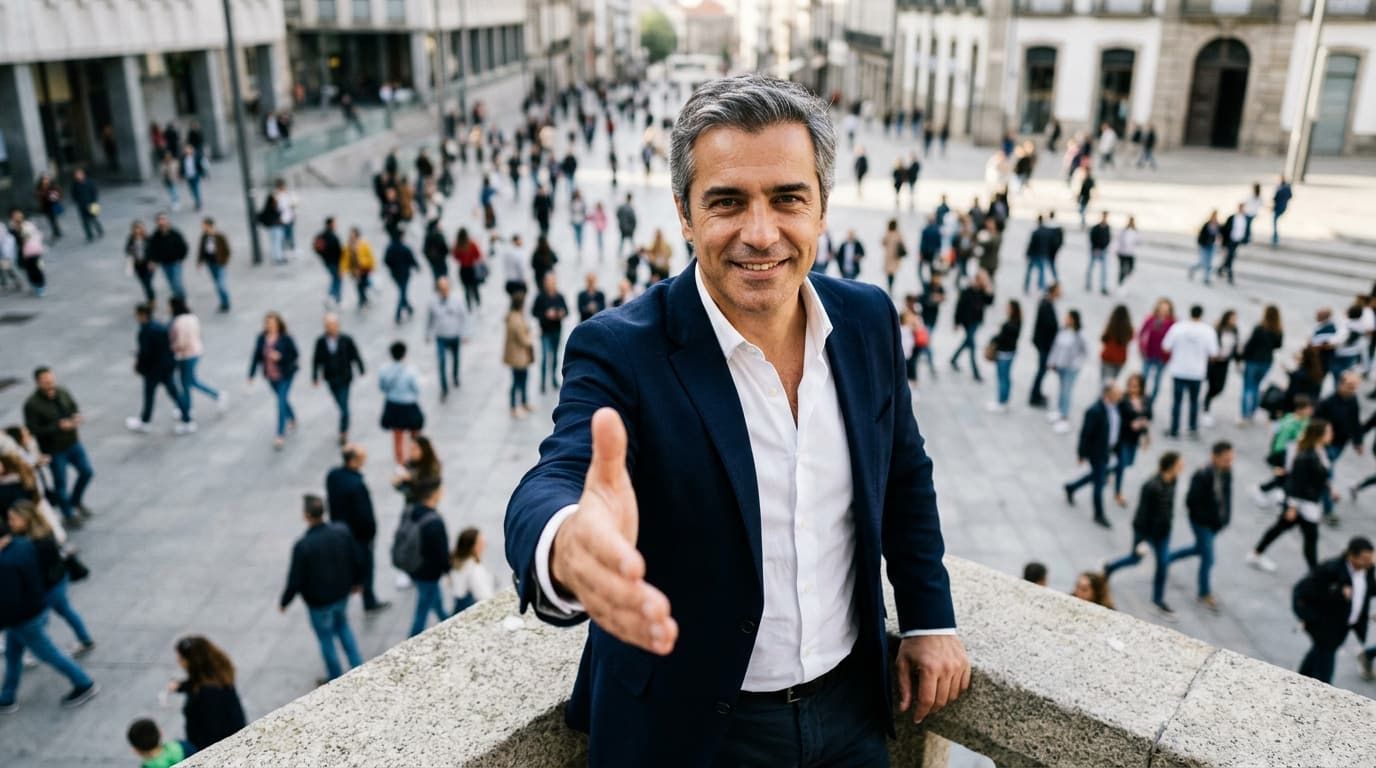 Consultor cumprimentando cliente, ao fundo pessoas em ambiente institucional